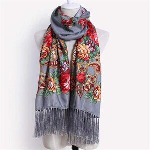 Gray Floral Paisley Printed‎ Tassel Scarf Neck Wrap Long Pashmina Shawl Tartan